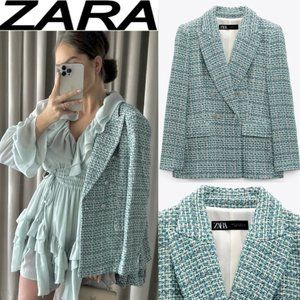 ZARA Women NEW BUTTONED TEXTURED WEAVE BLAZER GREEN BLUE 2324/140 XS S